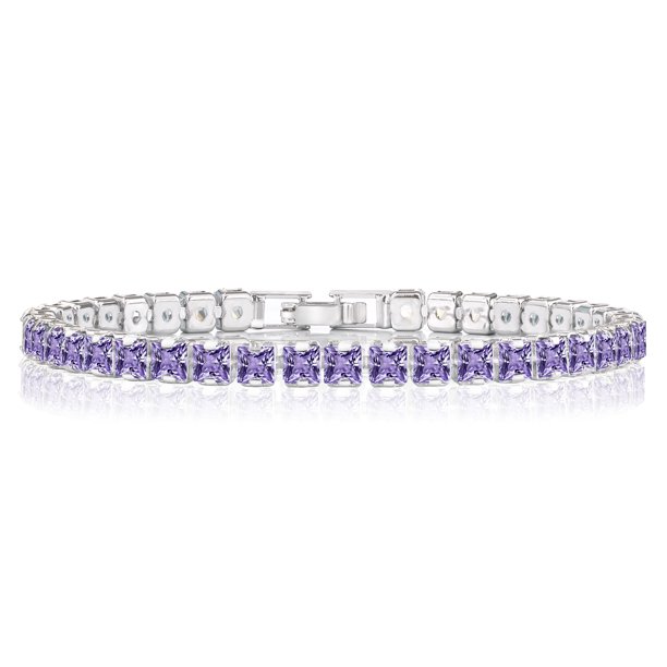 JeenMata Enorme 11K Corte Princesa Febrero - Amatista - Pulsera de tenis con piedra natal para mujer Diseño de eternidad - Chapado en oro blanco