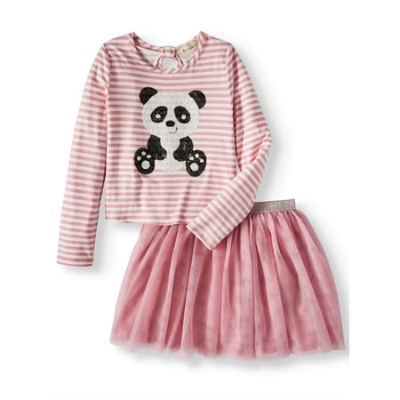 Sequin Panda Long Sleeve Tee and Mesh Tutu Skirt, 2-Piece Outfit Set (Little Girls and Big Girls)