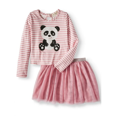 3 Piece Skirt Outfit - Sequin Panda Long Sleeve Tee and Mesh Tutu Skirt, 2-Piece Outfit Set (Little Girls and Big Girls)