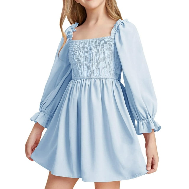 FAIWAD Robe Lanterne à Manches Longues pour Filles Robe à Volants Col Carré Robe Ligne A Taille Haute Extensible