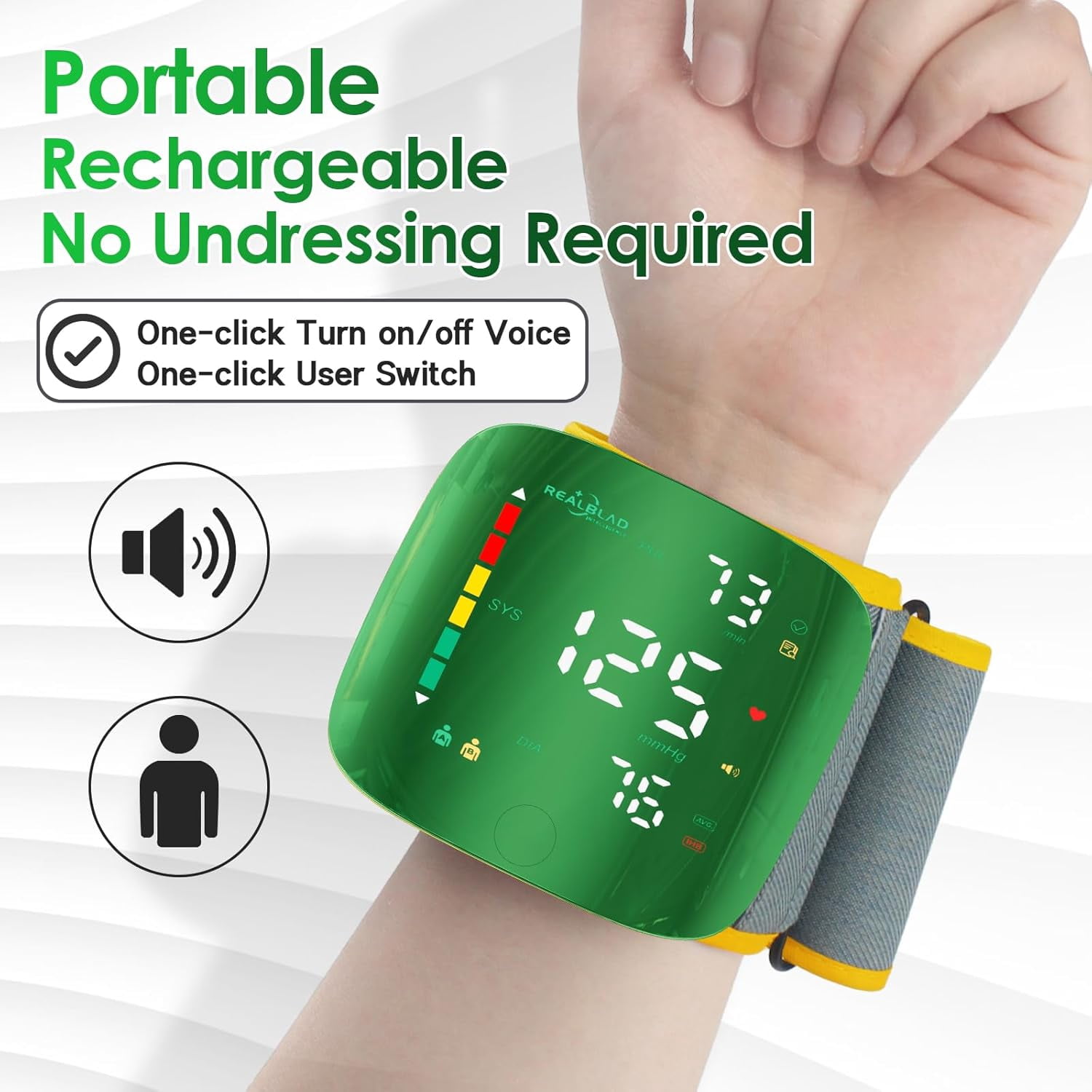 Wrist Blood Pressure Monitor with Green LED Curved Screen, Rechargeable Blood Pressure Machine for Home Use, One-Button Switch Voice and User, 5.31-9.25in Wrist Blood Pressure Cuff, with Storage