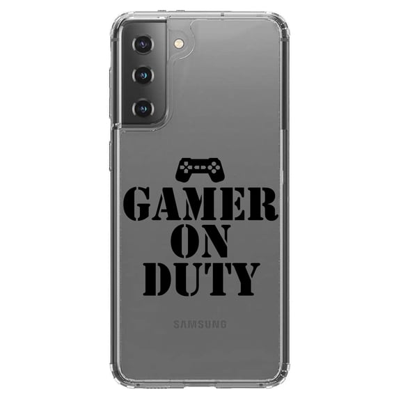 DistinctInk Clear Shockproof Hybrid Case for Galaxy S21  PLUS 5G (6.7" Screen) - TPU Bumper Acrylic Back Tempered Glass Screen Protector - Gamer on Duty Video Games