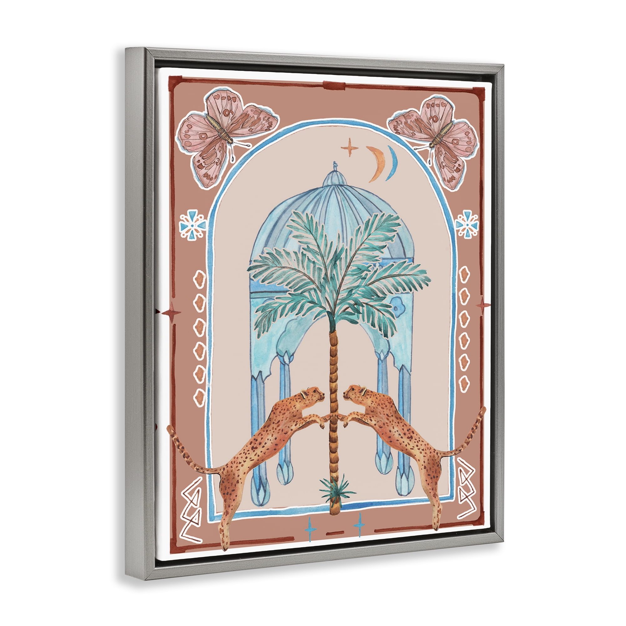 Stupell Industries Traditional Leopards & Palm Tree Animals & Insects Painting Gray Floater Framed Canvas Art Print Wall Art, 17 x 21