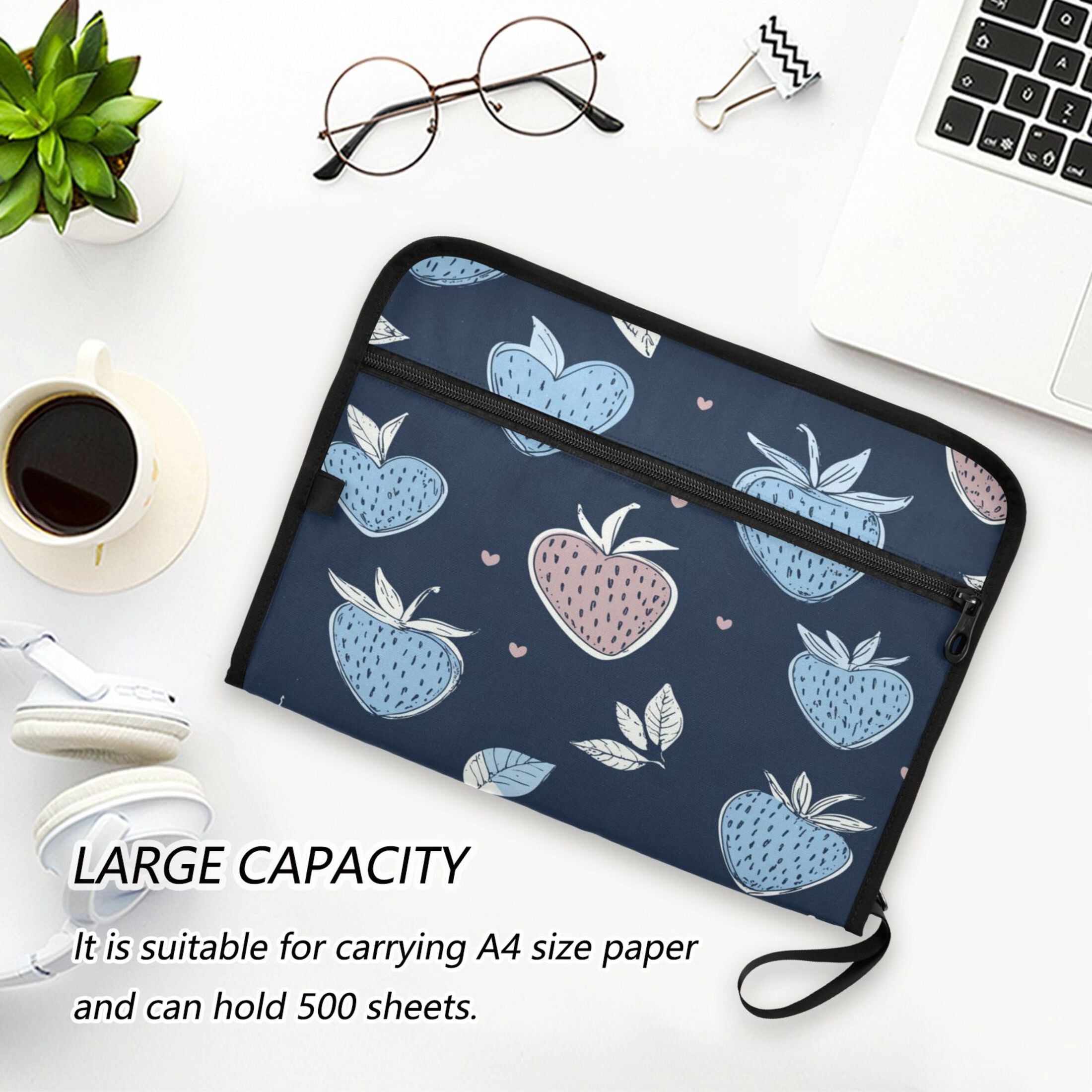 WOBOGO Blue Strawberry Pattern Expanding File Folder Letter Size Accordion Filing Organizer 13 Pocket Separate Organ Pocket