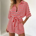 thumbnail image 6 of Short Rompers for Women Dressy Casual Striped Button Up Short Sleeve Jumpsuit Shorts with Belt Pockets (XL, Red), 6 of 7