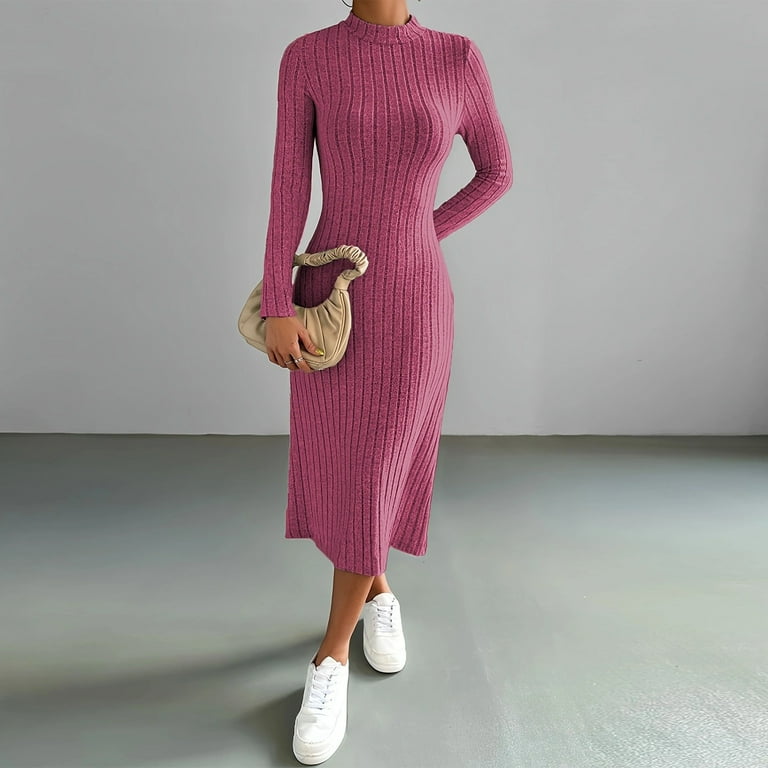 Mrat Women's Turtleneck Sweater Dress Ribbed Knit Long Sleeve