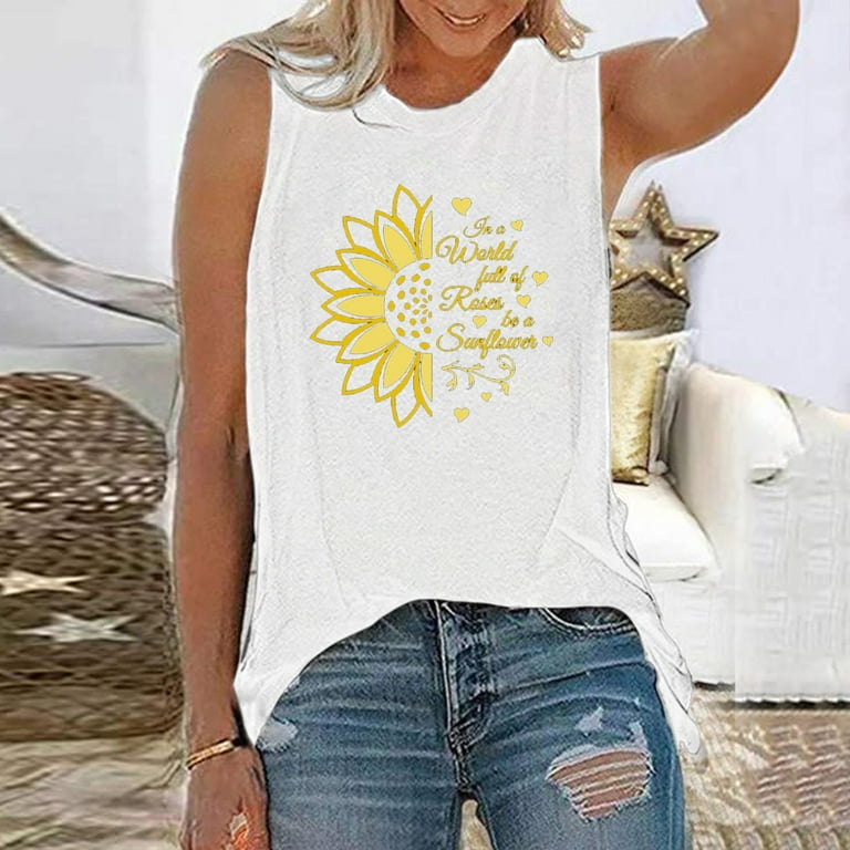 SMihono Save Big Crew Neck Girls Sunflower Print Sleeveless Comfy Tunic Tank  Tops for Women Summer Trendy Fashion Ladies Blouse Shirts Loose Fit Casual  Female Leisure White XL 