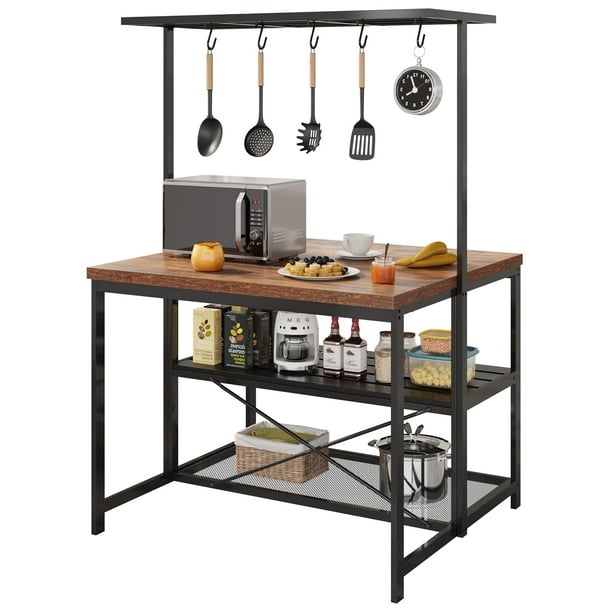 Yeshouse isla de cocina de 107 cm con almacenamiento, mesa de 3 niveles con asientos, estante para microondas, 5 ganchos, ideal para comedor, sala de estar o cocina, tamaño 107x71x183 cm