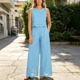 thumbnail image 2 of TEAJOPSUU Womens 2 Piece Sets Matching Lace Hem Outfits Sleeveless Crew Neck Crop Tank Tops High Waisted Wide leg Pants Sets Casual Daily Outfits Light Blue, 2 of 7