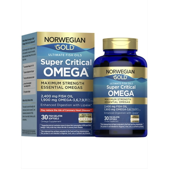 Norwegian Gold Super Critical Omega Softgels | 2,400 mg Fish Oil | 1,000 mg Omega-3,6,7,9,11 | 30 Count | by Renew Life