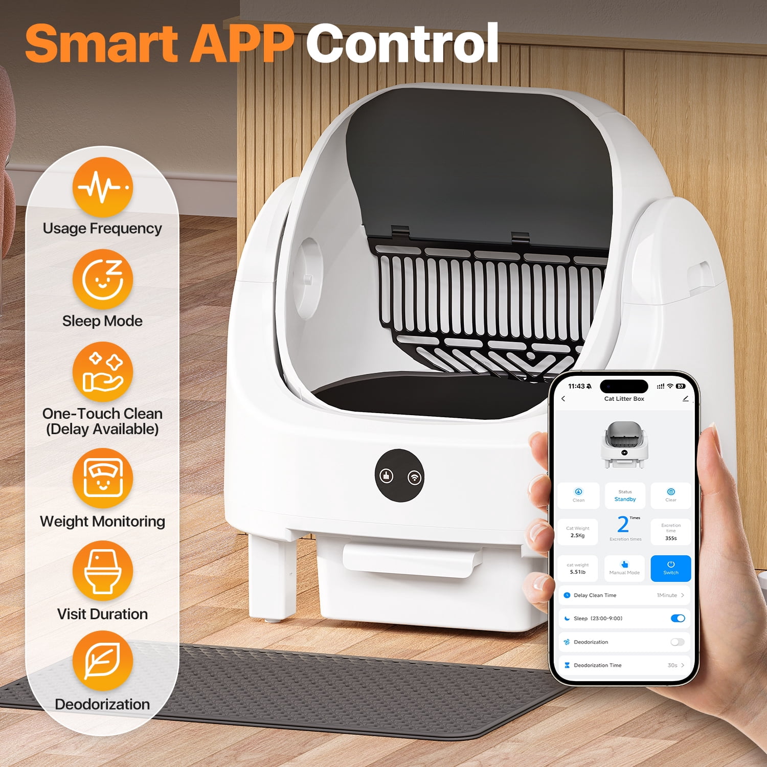 Self Cleaning Cat Litter Box, Open Top Automatic Litter Box with App Control, Safety Sensors Protection, Cat Litter Mat and Fragrance Box, White