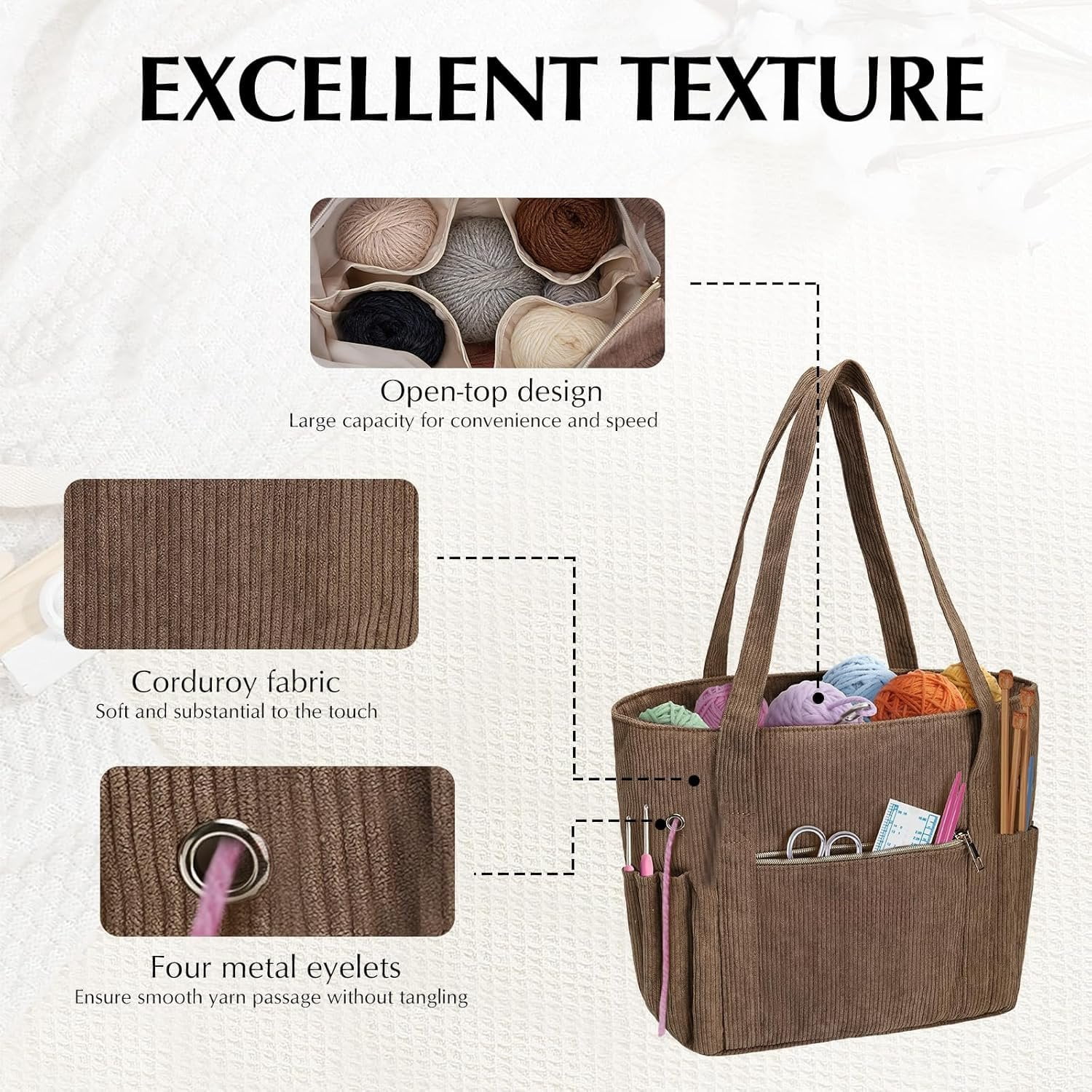 Crochet Bag, Corduroy Tote Bags With  Holders Grommets, Large Capacity Four Compartment Yarn Storage For Women