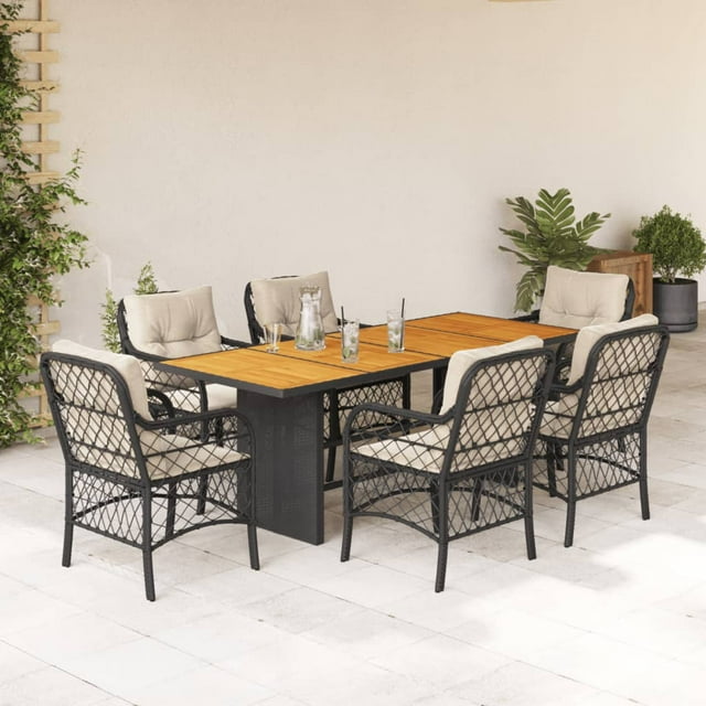 vidaXL 7 Piece Garden Dining Set with Cushions Black Poly Rattan