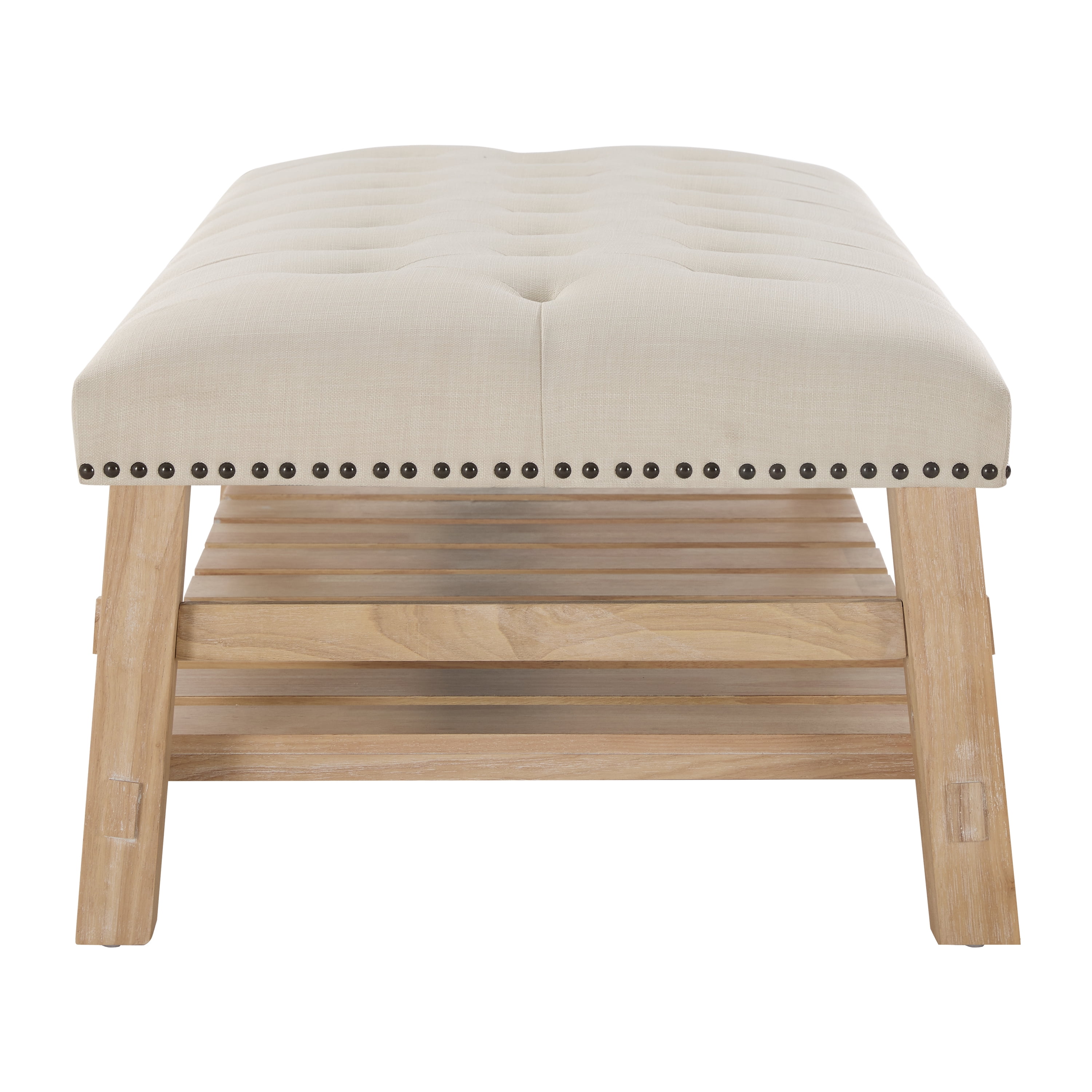 Euroco Large Rectangle Ottoman Coffee Table,Tufted Upholstered Footrest Ottoman with Shelf Storage,Nailhead Trim & Solid Wood Legs for Bedroom Living Room,Beige