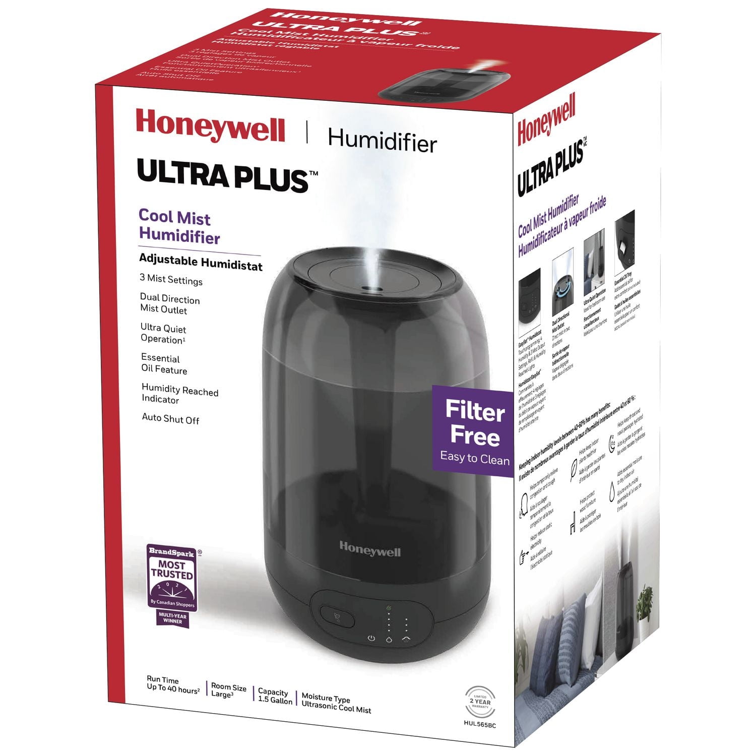 Humidificateur ultrasonique à vapeur froide Ultra Plus HUL565BC Honeywell Facile à remplir et à nettoyer