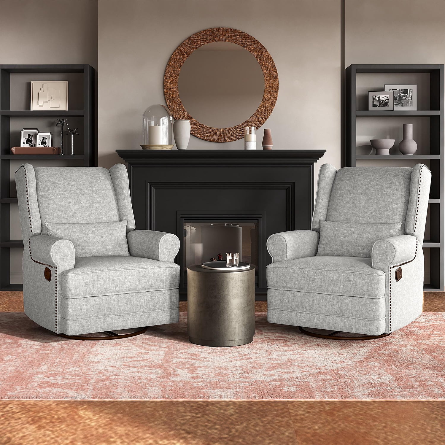 Demi Bonn Swivel Glider Rocking Recliner Chair, Lumbar Pillow, Footrest, Upholstered, Nursery, Bedroom, Light Gray