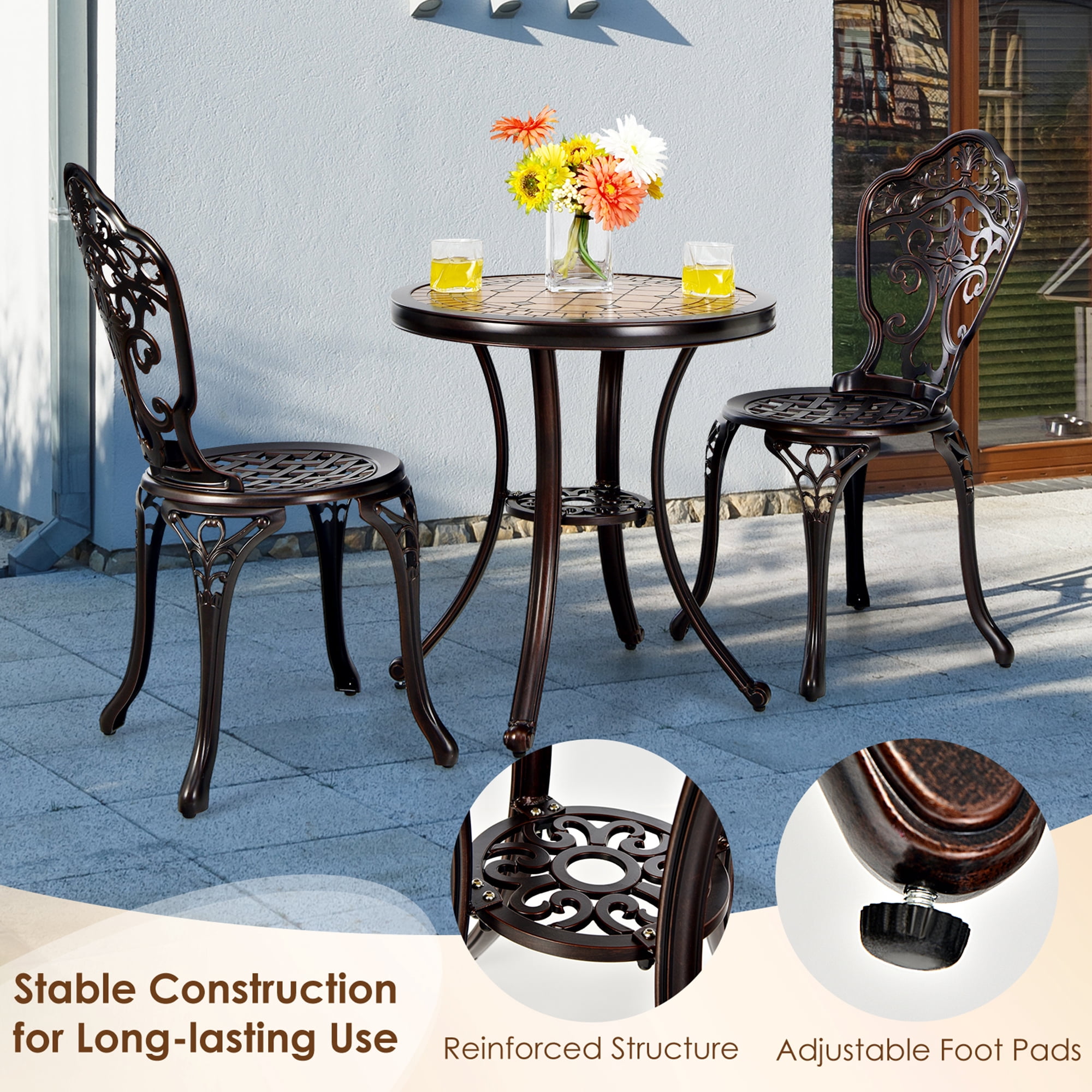 Gymax Fashion 3PCS Cast Aluminum Patio Bistro Set Outdoor Table & Chairs Furniture Set
