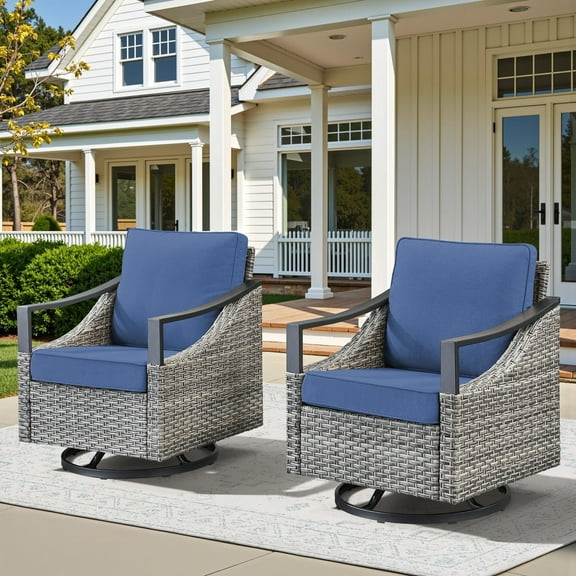 Planntonneo Patio Wicker Rocking Chairs Swivel Glider Rocker Set of 2 with Blue Cushions for Porch Balcony Deck