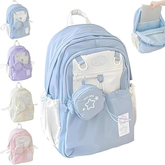 Rosy Posy Backpack - Cream Star Drawstring Backpack, Large Capacity 15.6" Laptop School Bag, Cute Kawaii Y2k Waterproof Design with Adjustable Straps