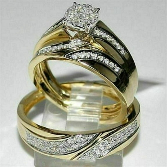 Hitanshu Jewels 3Ct Round Cut CZ Wedding Trio Set Ring 14K Yellow Gold Plated
