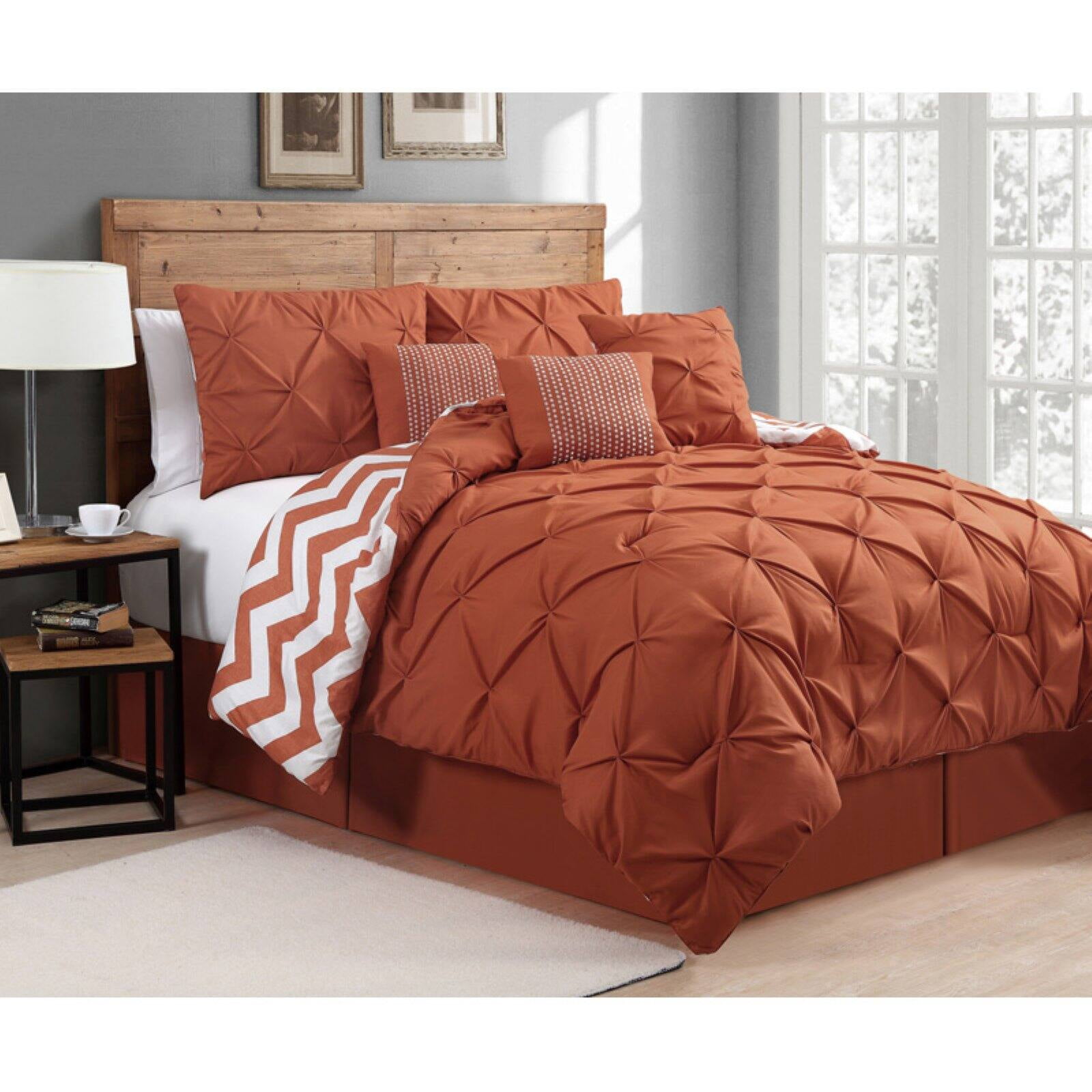 7 Pc Comforter Set Embossed Pattern Pleated Details Teal /Brown Burnt Orange 