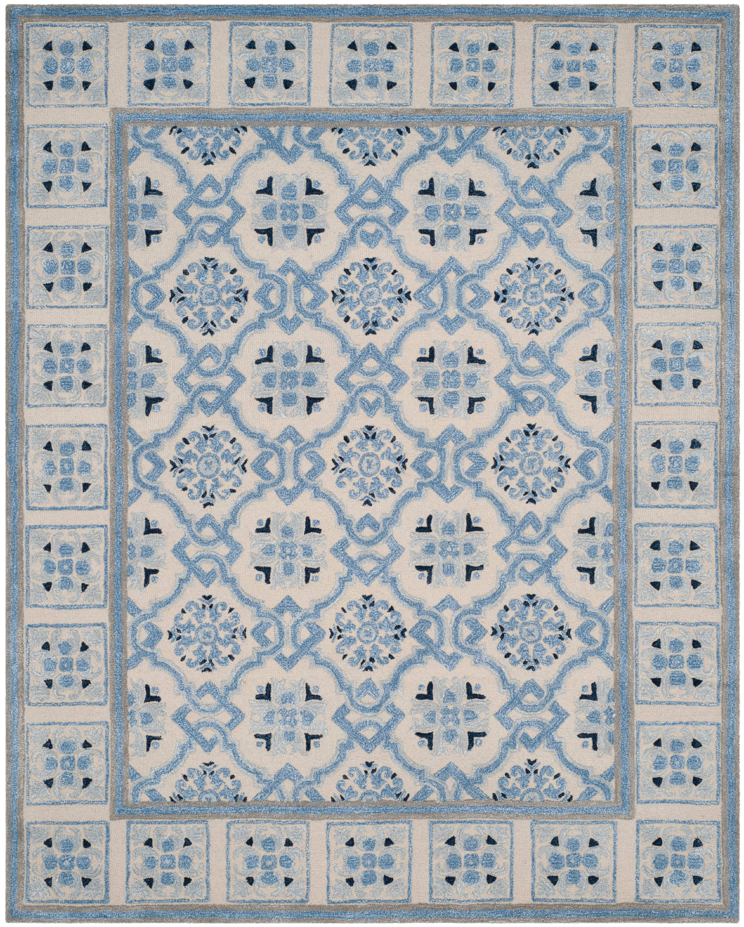 SAFAVIEH Bella Noelle Geometric Bordered Wool Area Rug, Ivory/Blue, 8' x 10'