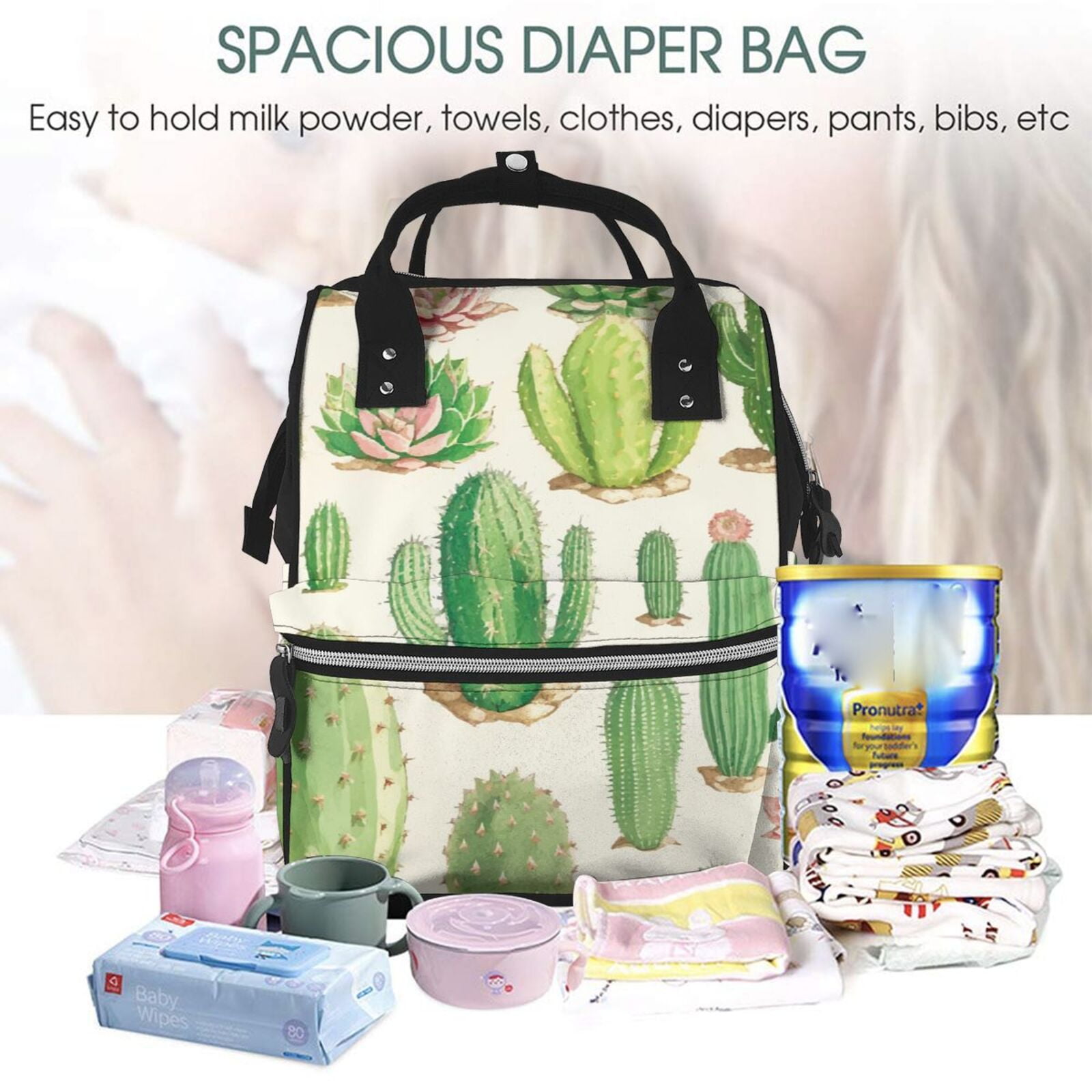 Fuzoiu Cactus And Succulent Print Diaper Bag Backpack,Baby Essentials Travel Tote,Multi function Waterproof Diaper Bag, Travel Essentials Baby Bag - Unisex