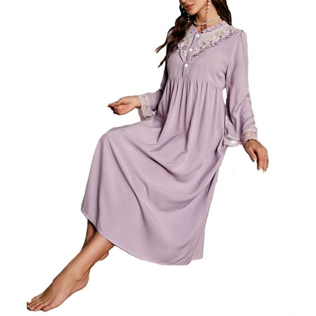 

Cute Floral Print Round Neck Nightdress Long Sleeve Lilac Purple Women Nightdress & Sleepshirts (Women s)
