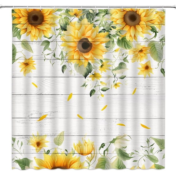Rustic Sunflower RV Shower Curtain Small Stall,Yellow Floral Wooden Board Green Leaves Farmhouse Nature Plant Country Bathroom Decor Curtain with Hooks,36" W x 70"