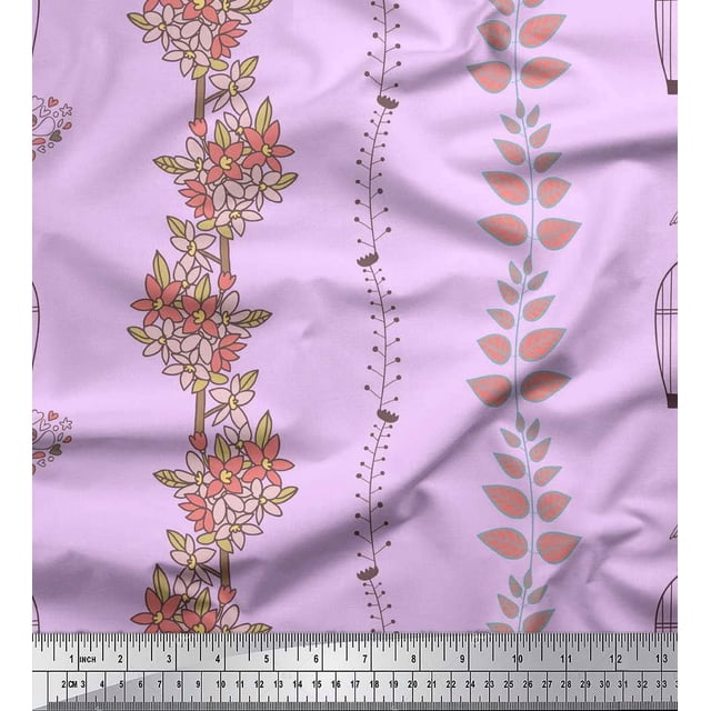 Soimoi Poly Georgette Fabric Bird,Cage & Floral Artistic Printed Fabric 1 Yard 52 Inch Wide