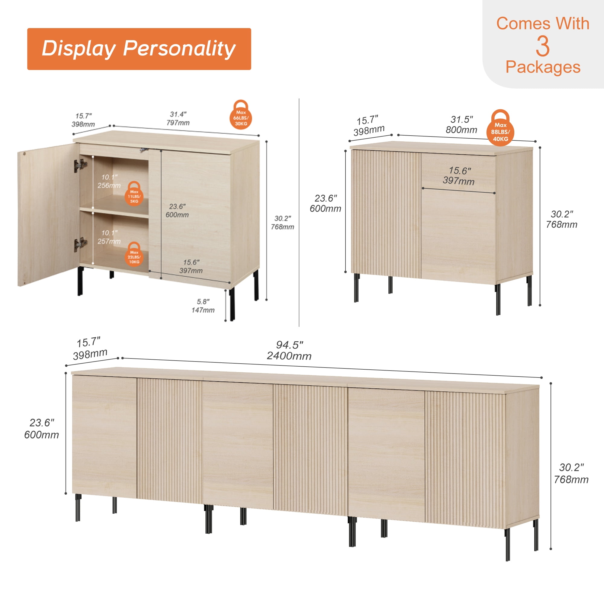 94.5" Modern Fluted TV Stand with 6 Doors, Entertainment Center with Adjustable Shelf, Wooden TV Console with Storage for Living Room