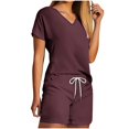 thumbnail image 2 of Viluyesy Tops Elastic Waist Short Pants 2PC Women V-Neck T-Shirt and Shorts Set Shirt and Shorts Sets Two PC Wine Size L, 2 of 5
