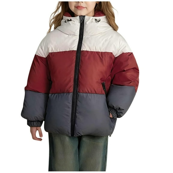 BRGZLK Childrens Winter Short Style Color Blocking Long Sleeved Casual Sports Warm Thicken Hooded Puffer Jacket Unisex Beige 1-2 Years