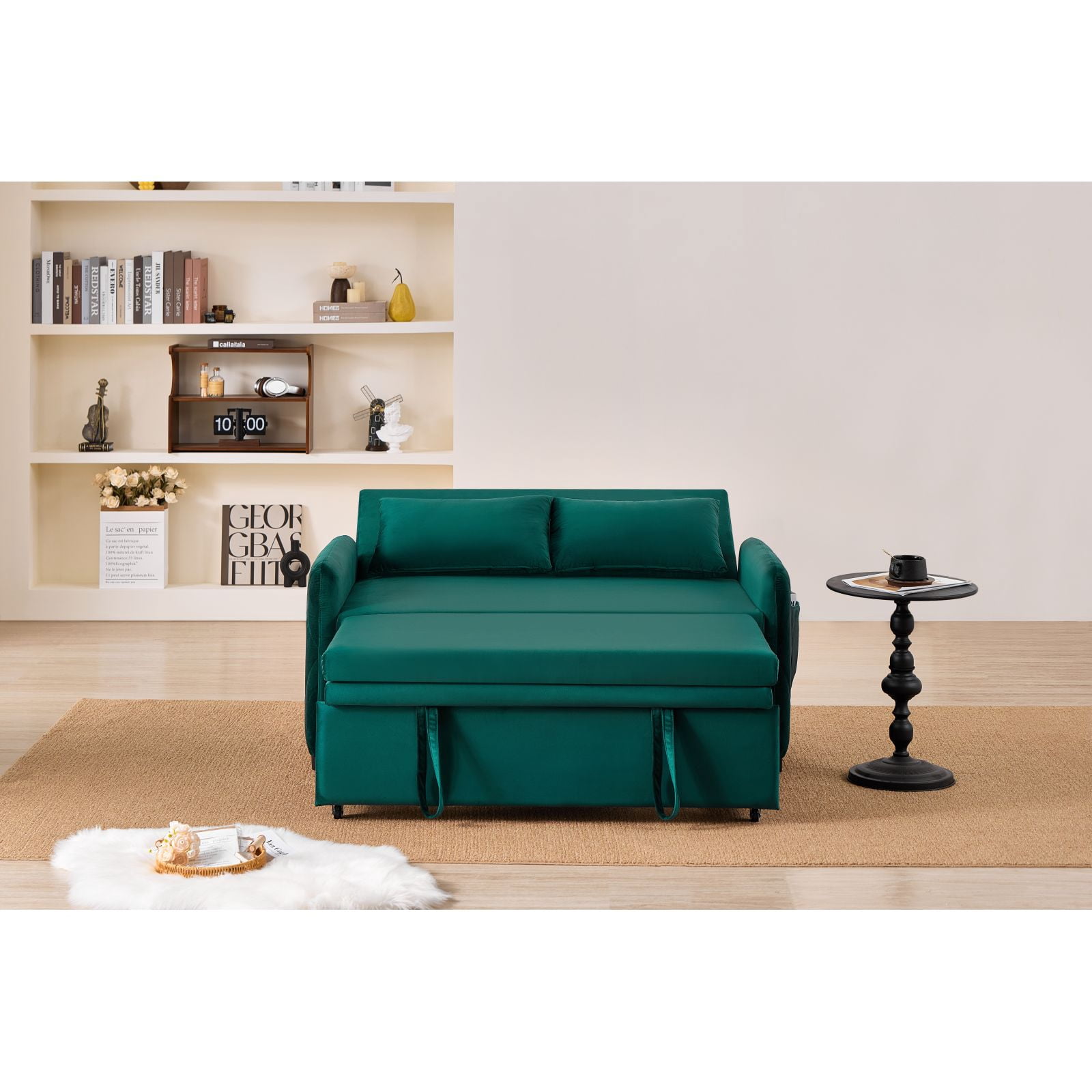 Leumius 3 in 1 Convertible Sleeper Sofa Bed, Modern Convertible Sofa Bed with 5-Position Adjustable Backrest,Velvet Pull Out Couch with Pull Out Bed for Living Room Furniture,Green
