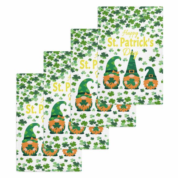 St. Patrick's Day Kitchen Dish Towels for Drying Dishes Set of 4, Green Leaf Gnomes Shamrock Clovers Waffle Weave Microfiber Hand Tea Bathroom Towels Quick Dry & Absorbent Towel 15.7x23.6