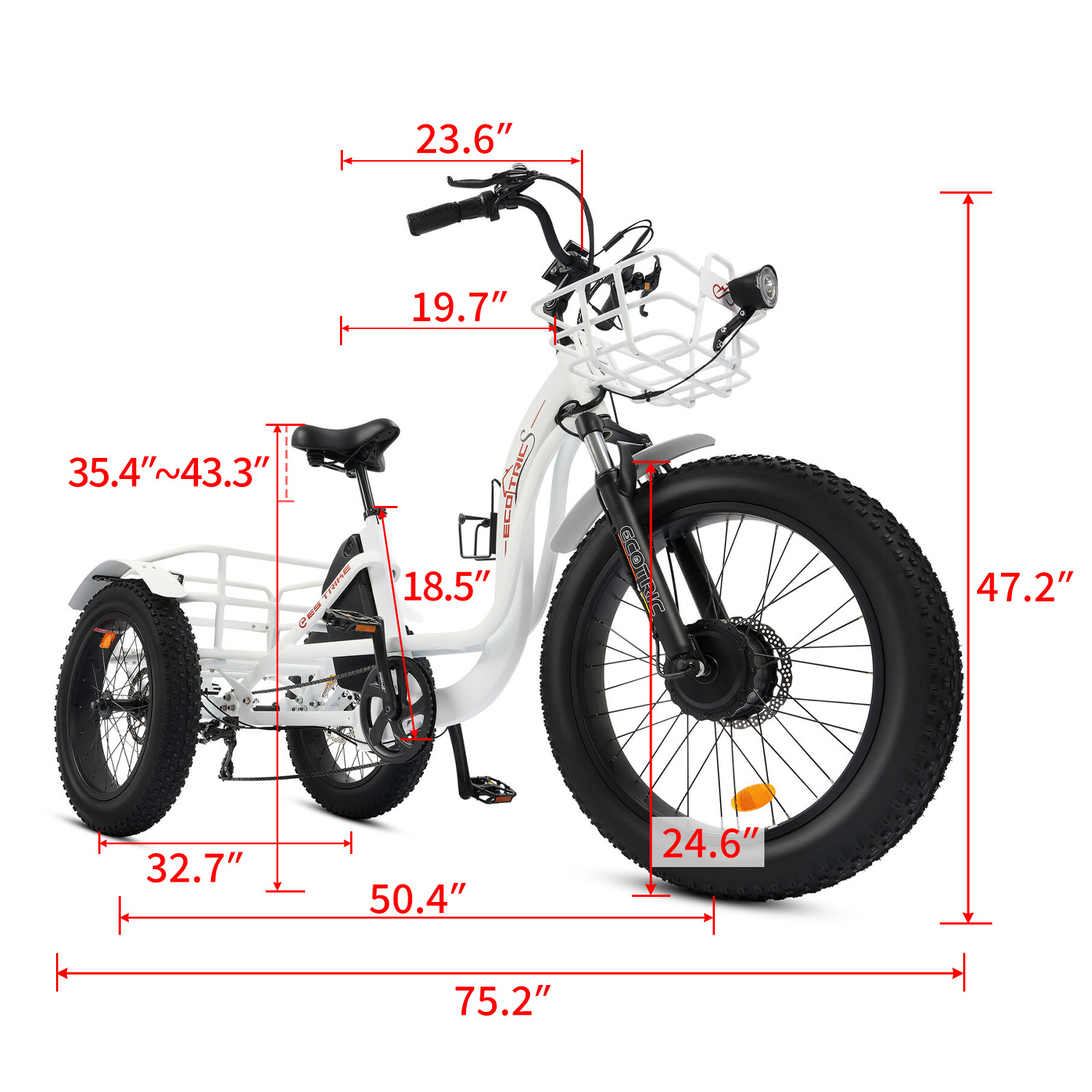 ECOTRIC 22.4AH Electric Tricycle Fat Tire for Adults with Basket, 750W 48V Battery, 3 Wheel Step-Thru E-trike White