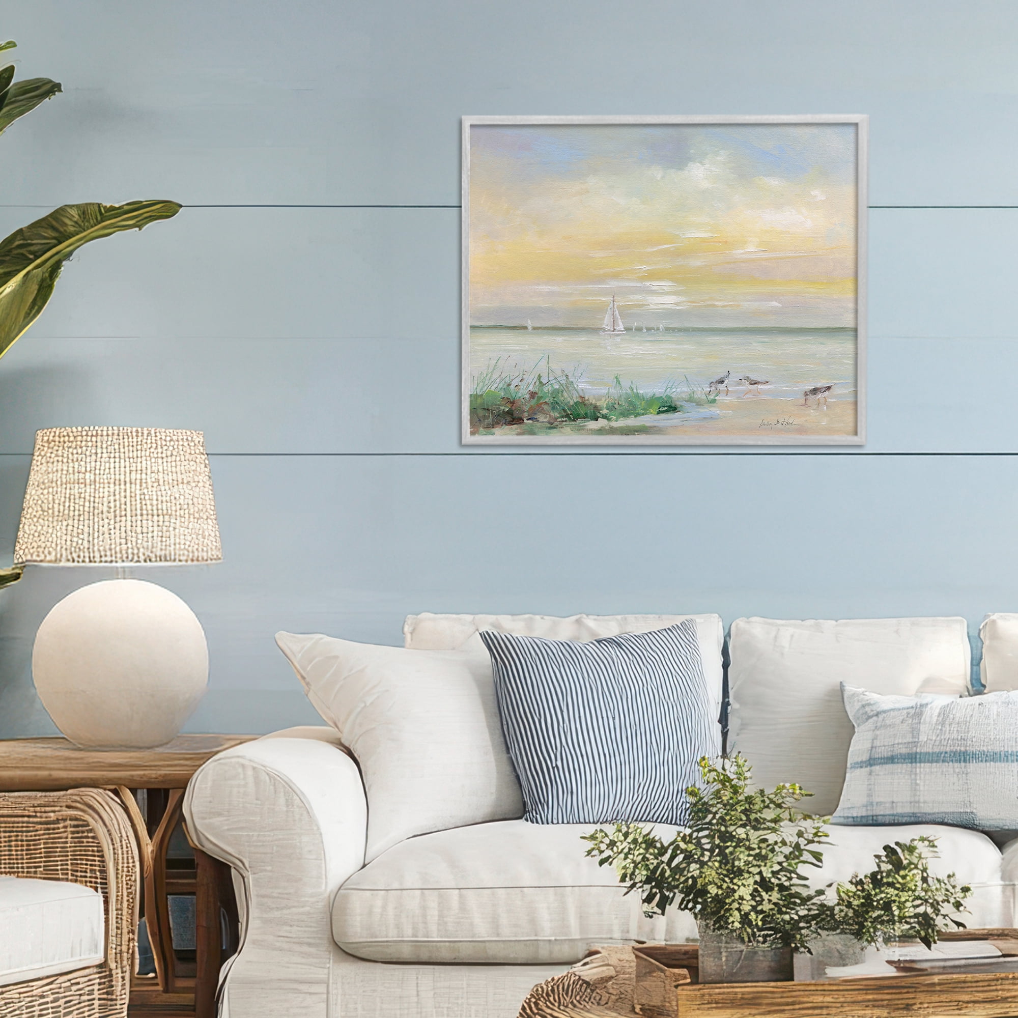 Stupell Industries Sailboats & Sanderlings Shore Gray Framed Giclee Art, design by Sally Swatland