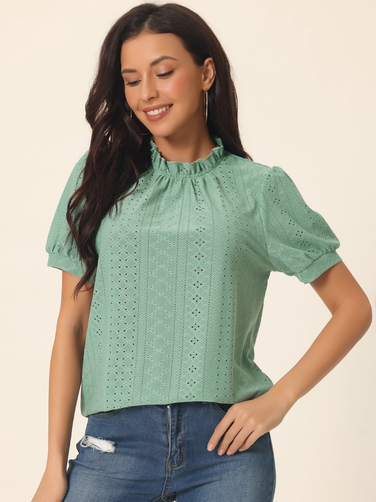 DARING DIVA Women's Puff Sleeve Eyelet Tops Back Button Down Blouses M Green