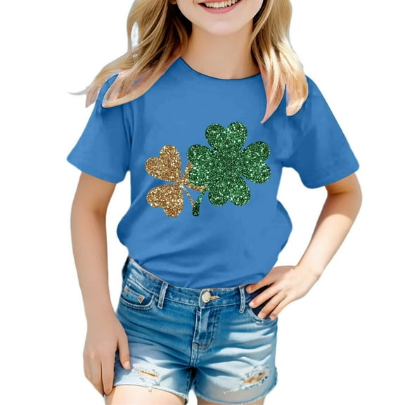 Kids St Patricks Day Shirt Funny Clover Print Short Sleeve Tops Toddler Outfits for Girls 6-7 Years