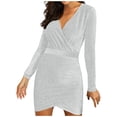 thumbnail image 1 of Gibobby Vestido sexy para fiesta Minivestidos de fiesta de color largo a la , vestido de mujer de manga con lentejuelas, vestido de mujer con cuello en V(Plata de plata,XL), 1 of 5