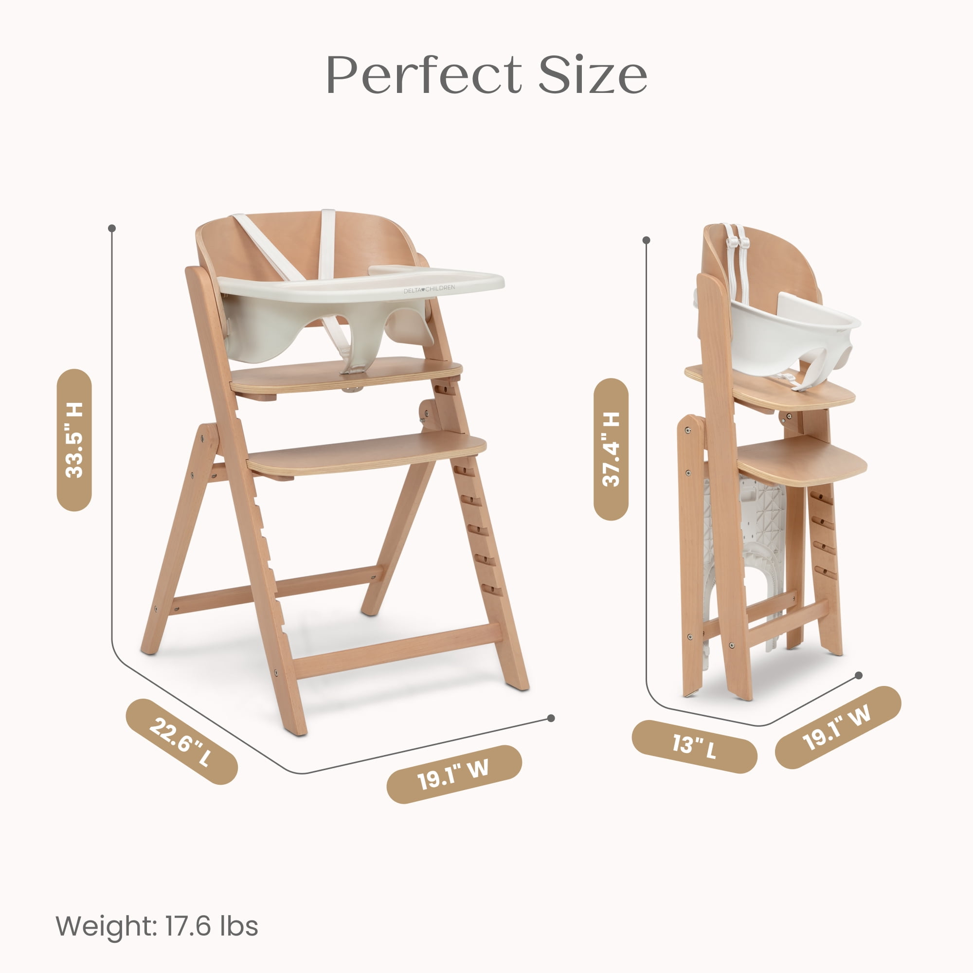 Delta Children Crave 4-in-1 Convertible High Chair – Folds Flat, FSC Certified Beech Wood Frame, Grows from Baby to Adult, Magnetic Buckle & Dishwasher-Safe Tray – Natural