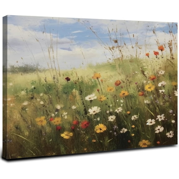 JRXY Floral Landscape Wall Art Natural Poppy Field Canvas Print Painting Colorful Wildflower Pictures Vintage Rustic Scenery Poster Wall Decor for Farmhouse Bathroom Home Wall Decoration 20x16inch
