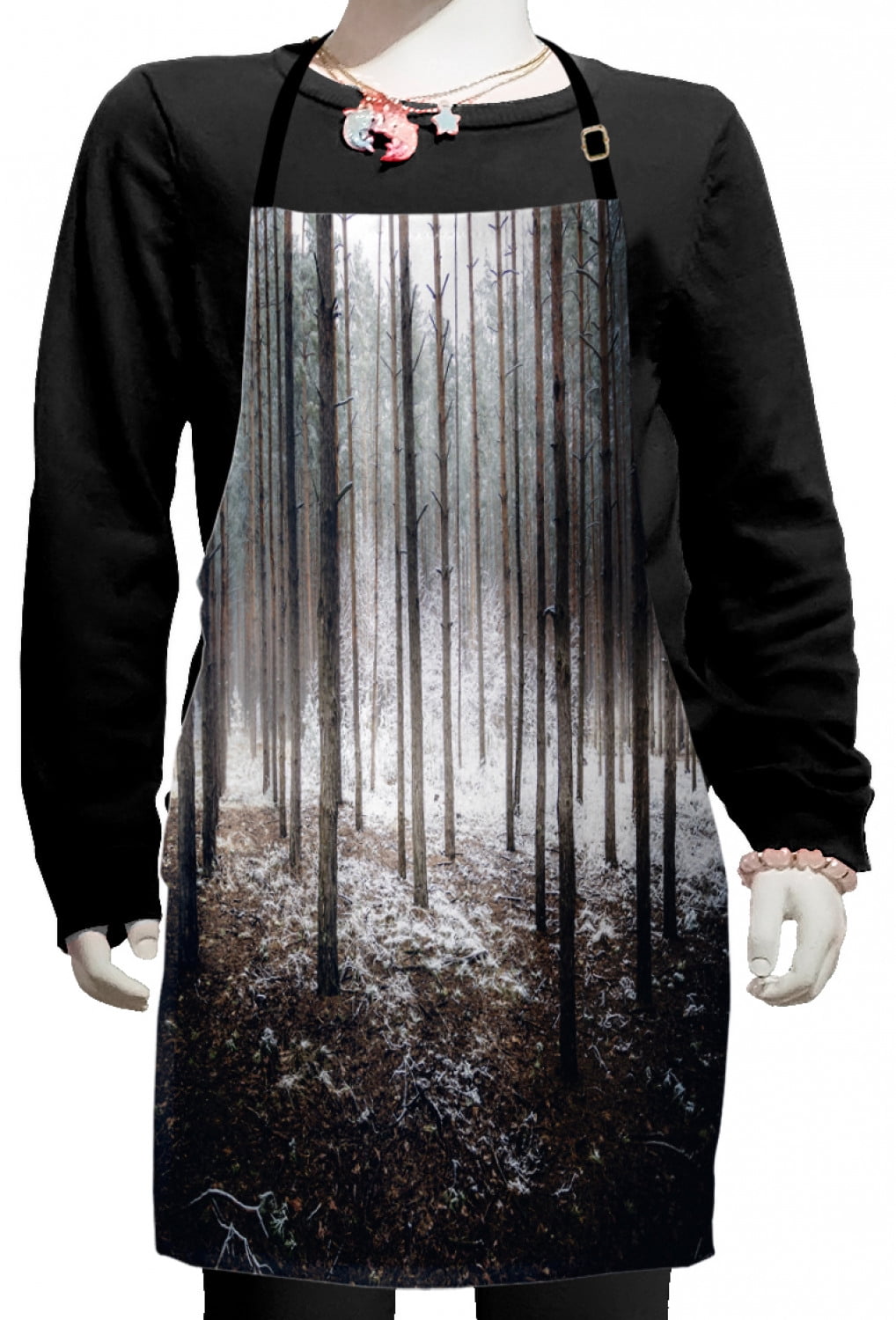 Winter Kids Apron, Scene of Dark Spooky Misty Forest Veiled with Fog ...