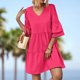 thumbnail image 3 of Gibobby Vestido Mujer Casual de Playa Verano Vestido largo de playa de manga corta con cuello en V informal de color liso para mujer(Rosa caliente,M), 3 of 5
