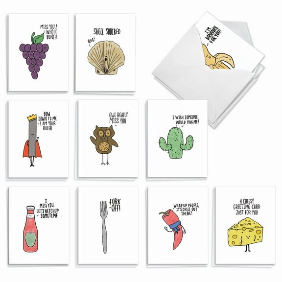 20 Blank All Occasion Note Cards with Envelopes (4" x 5.12") - Fun Puns All Occasion (10 Designs, 2 Each) AM2975OCB-B2x10