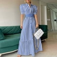 thumbnail image 1 of Vintage Puff Sleeve Women Party Maxi Dress Elegant Striped Office Lady Long Dresses Fashion Turn-down Collar Button Shirt DressS Gao Jinjia LED, 1 of 2
