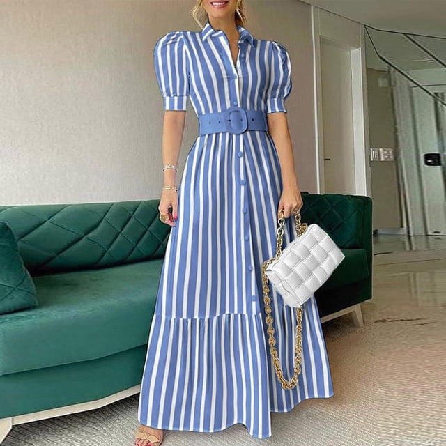 Vintage Puff Sleeve Women Party Maxi Dress Elegant Striped Office Lady Long Dresses Fashion Turn-down Collar Button Shirt DressS Gao Jinjia LED