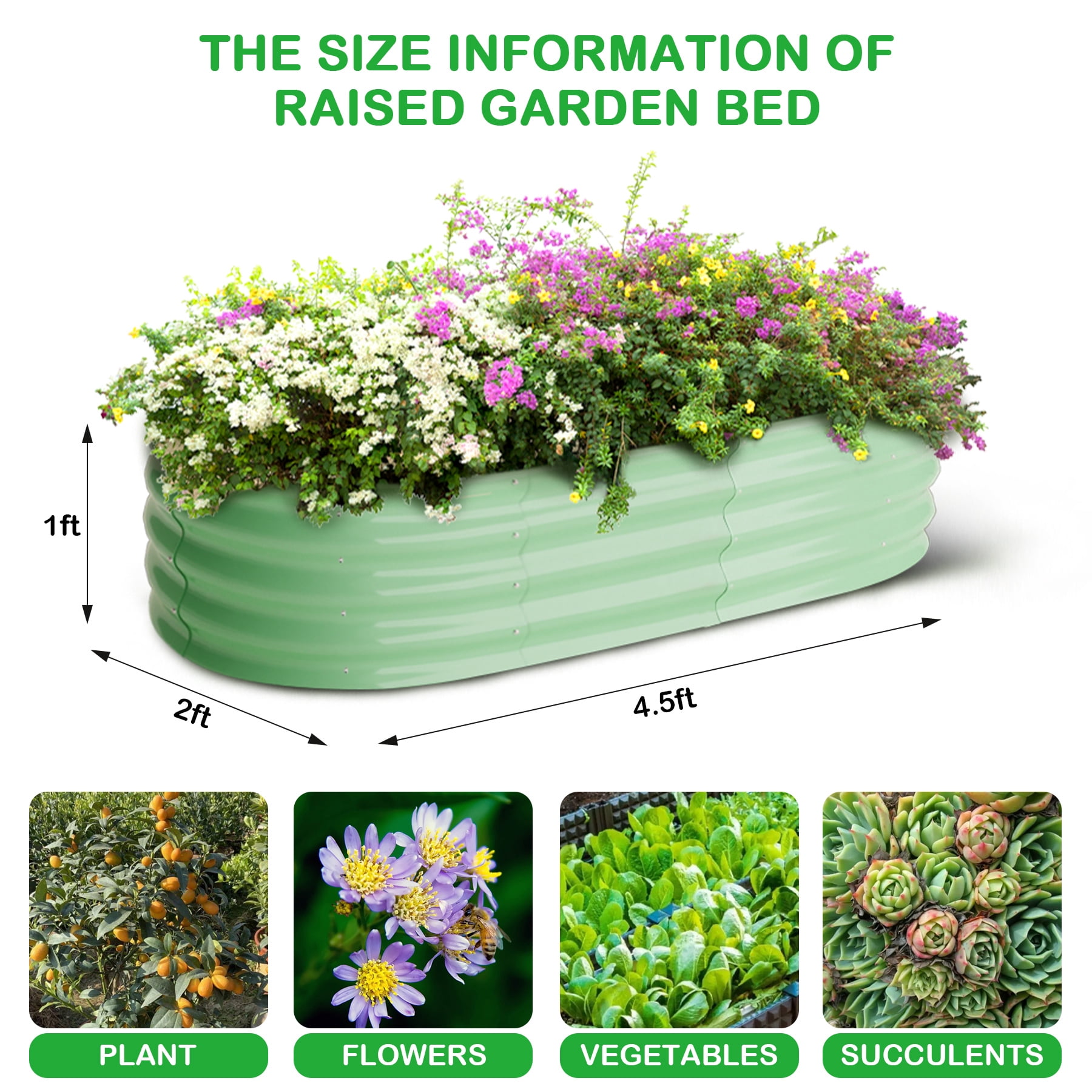 Kicctian 2 Pack 4.5x2x1ft Galvanized Raised Garden Beds Outdoor, Oval Metal Planter Boxes, Ideal for Vegetables, Flowers - Olive Green