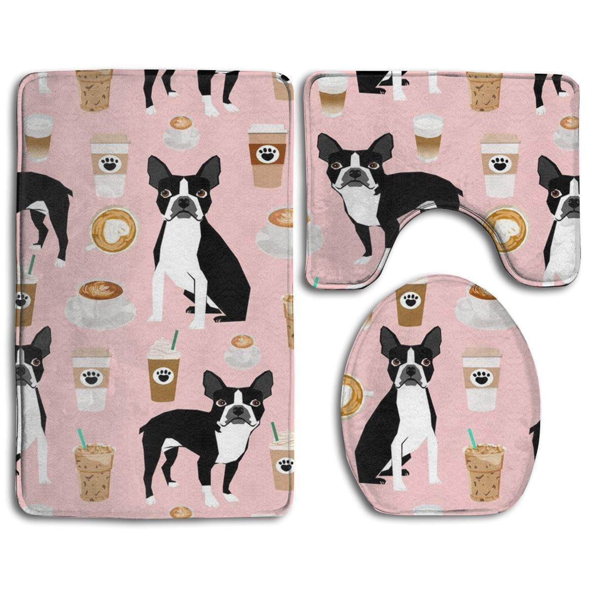 GOHAO Dogs Boston Terrier Pink Coffees 3 Piece Bathroom Rugs Set Bath
