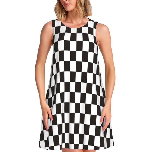 Fotbe Black and White Checkerboard Vestido de Verano sin Mangas para Mujer – Vestido Midi Línea A, Estilo Camiseta Floral, Vestido Playero Casual y Fluido